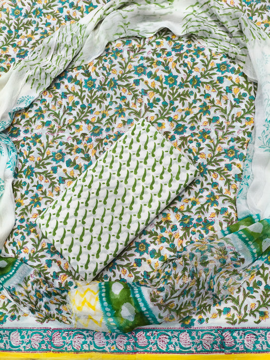 Levish Floral Print Hand Block Cotton Suit with Shiffon Dupatta (HBS0031)