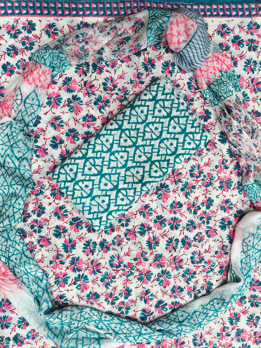 Lavish Floral Print Hand Block Cotton Suit with Shiffon Dupatta (HBS0032)