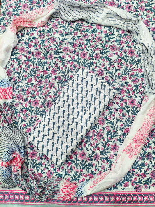 Bagru Floral Print Hand Block Cotton Suit with Shiffon Dupatta (HBS0030)