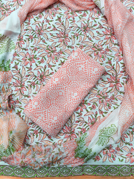 Jaipuri Floral Print Hand Block Cotton Suit with Shiffon Dupatta (HBS0025)