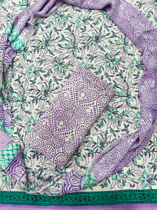 Jaipuri Floral Print Hand Block Cotton Suit with Shiffon Dupatta (HBS0024)
