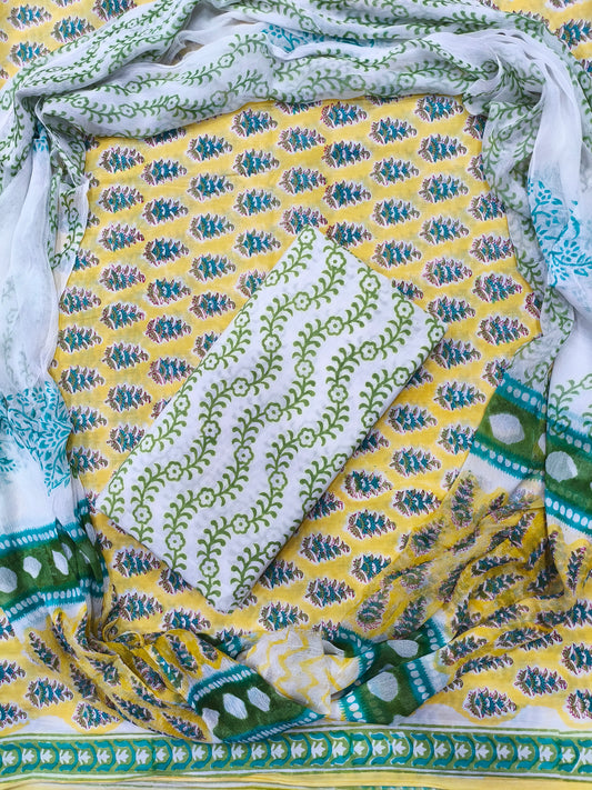 Sanganeri Floral Print Hand Block Cotton Suit with Shiffon Dupatta (HBS0036)