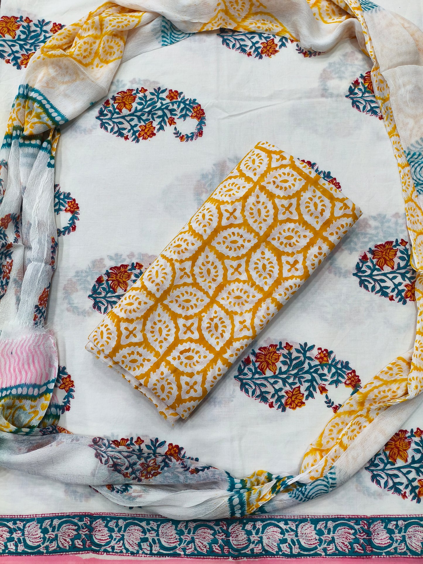 Bhumika Floral Boota Print Hand Block Cotton Suit with Shiffon Dupatta (HBS0021)