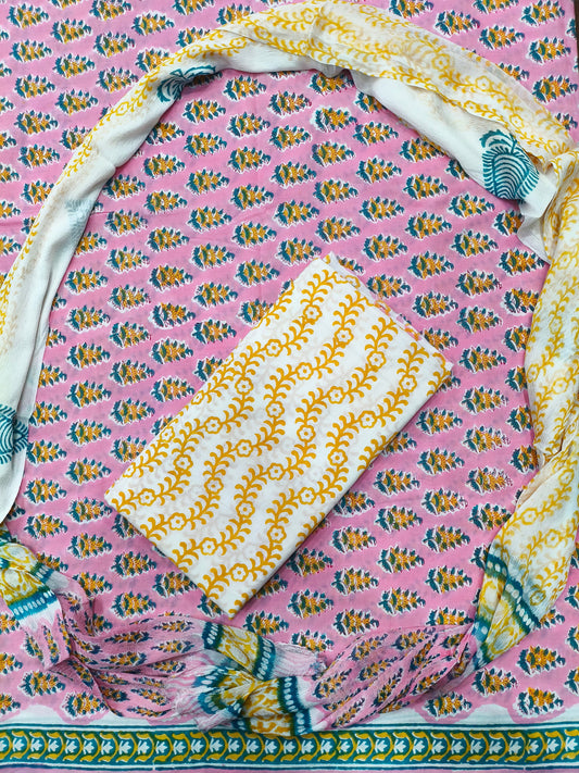 Gargi Floral Print Hand Block Cotton Suit with Shiffon Dupatta (HBS0033)