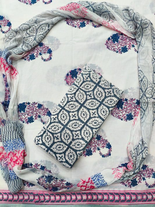 Royal Floral Boota Print Hand Block Cotton Suit with Shiffon Dupatta (HBS0020)