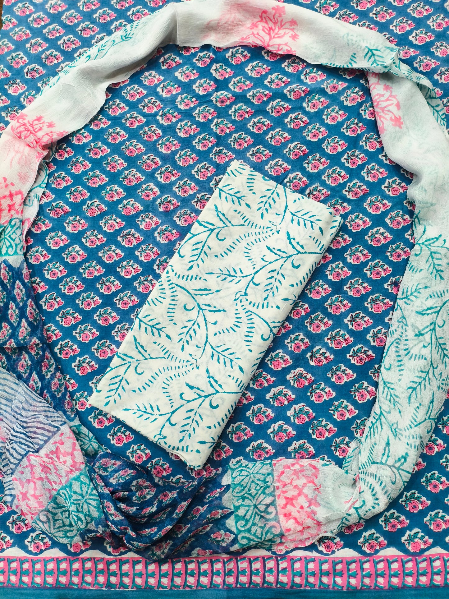 Devina Floral Print Hand Block Cotton Suit with Shiffon Dupatta (HBS0022)