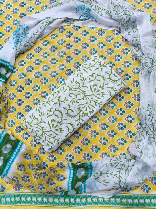 Kamini Floral Print Hand Block Cotton Suit with Shiffon Dupatta (HBS0028)
