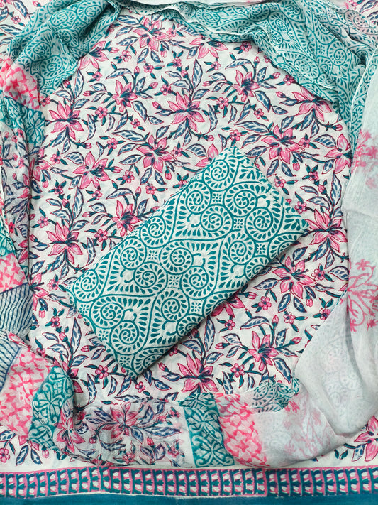 Jaipuri Floral Print Hand Block Cotton Suit with Shiffon Dupatta (HBS0026)