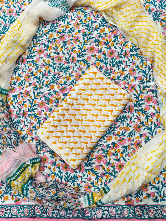 Shalini Floral Print Hand Block Cotton Suit with Shiffon Dupatta (HBS0029)