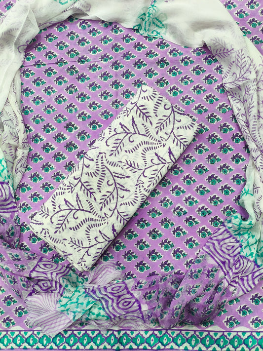 Sanganeri Floral Print Hand Block Cotton Suit with Shiffon Dupatta (HBS0037)