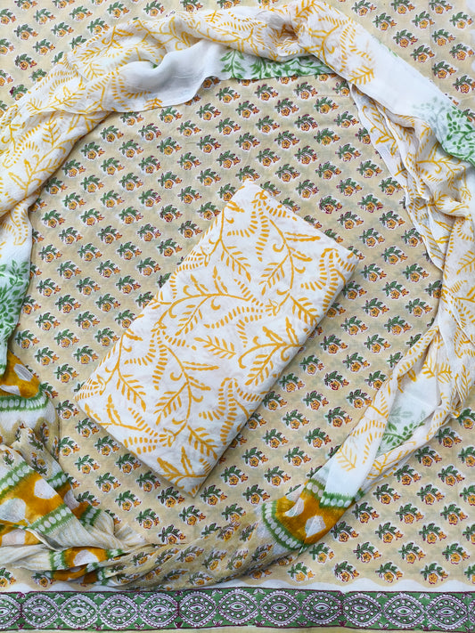 Devina Floral Print Hand Block Cotton Suit with Shiffon Dupatta (HBS0023)