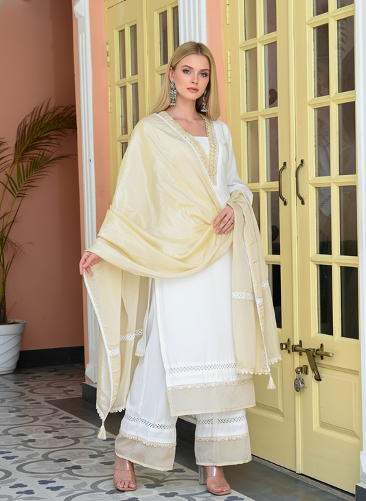 White & Gold Fancy Lace Work Yoke Muslin Kurta with Trousers & Tissue Organza Dupatta