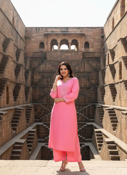 Taffy Pink Embroidered Mirror Work Rayon Kurta with Palazzo