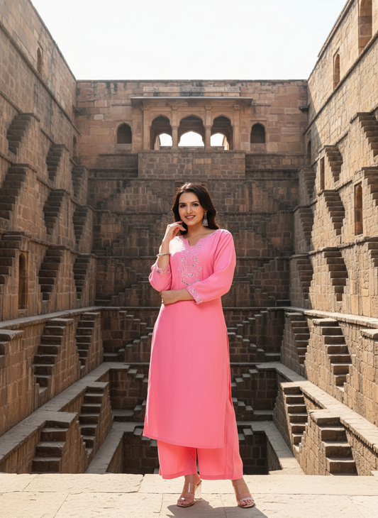 Taffy Pink Embroidered Mirror Work Rayon Kurta with Palazzo