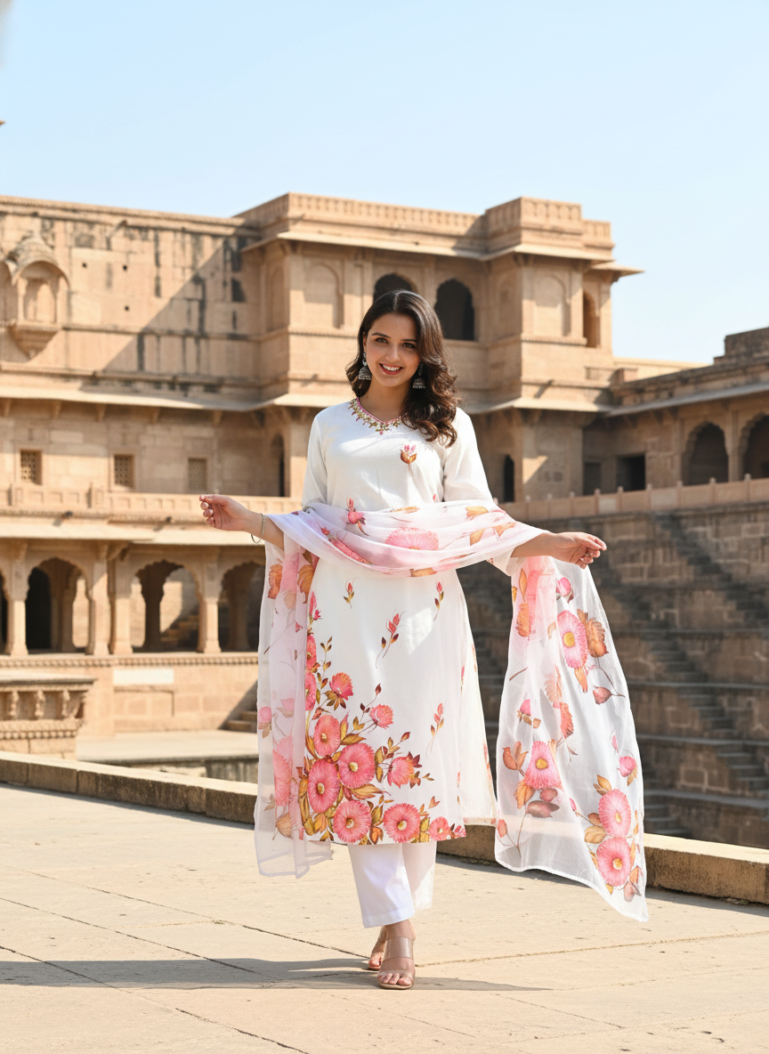 White & Peach Floral Hand Painted Mirror Work Muslin Kurta with Trousers & Organza Dupatta