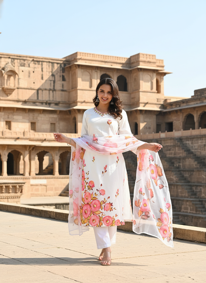 White & Peach Floral Hand Painted Mirror Work Muslin Kurta with Trousers & Organza Dupatta