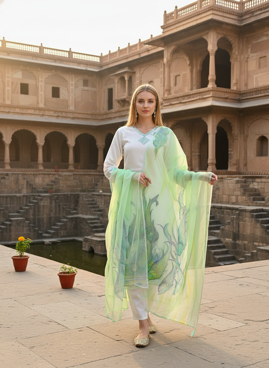White & Seafoam Hand Painted Mirror Work Muslin Kurta with Trousers & Organza Dupatta