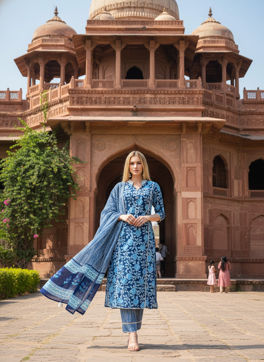 Aegean Blue Floral Printed Pure Cotton Kurta with Trousers & Mulmul Dupatta