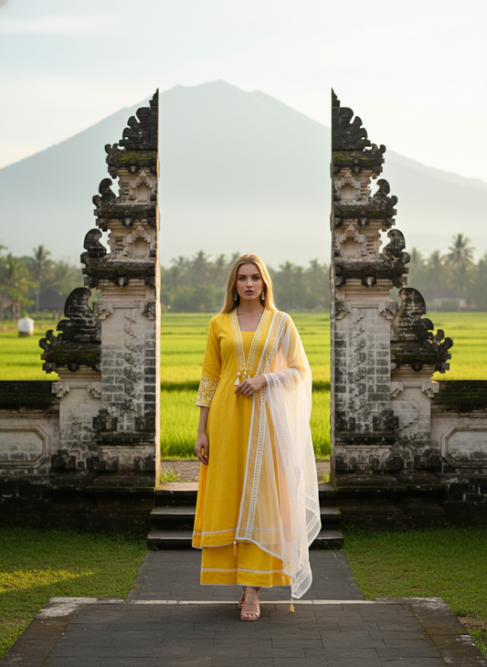 Charming Yellow Embroidered Pure Cotton Kurta with Palazzo & Organza Dupatta