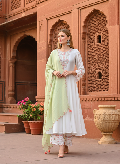 White & Pink Floral Embroidered Muslin Kurta with Trousers & Dupatta
