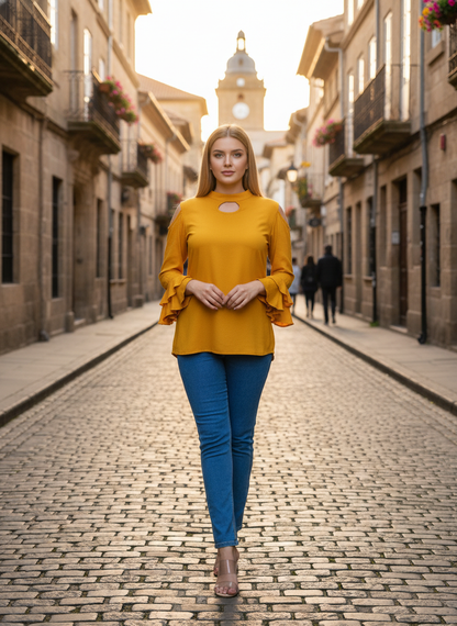 Women's Mustard Yellow Solid Ruffle Sleeve Top with Keyhole Neck – Stylish Casual Wear