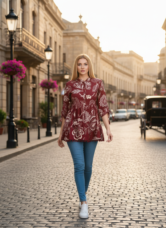 Women's Maroon Cotton Printed Peplum Top with 3/4 Sleeves – Ethnic Casual Wear