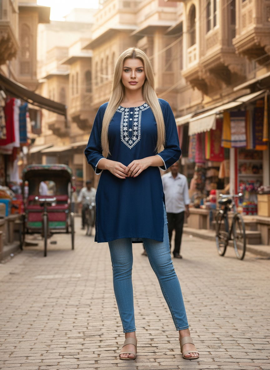 Women's Navy Blue Embroidered Kurti with 3/4th Sleeves – Elegant Casual & Office Wear
