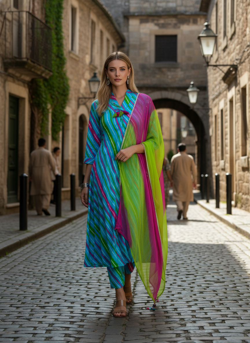 Vibrant Aqua Blue Striped Kurta Set with Pink-Green Ombre Dupatta