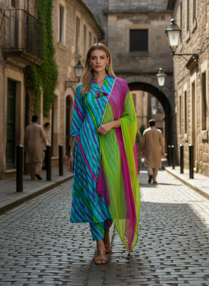 Vibrant Aqua Blue Striped Kurta Set with Pink-Green Ombre Dupatta