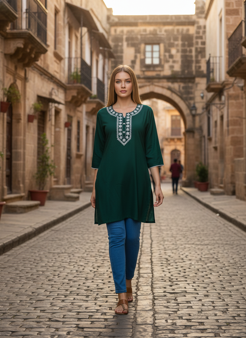 Women's Dark Green Embroidered Kurti with 3/4th Sleeves – Casual & Office Wear