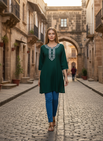 Women's Dark Green Embroidered Kurti with 3/4th Sleeves – Casual & Office Wear
