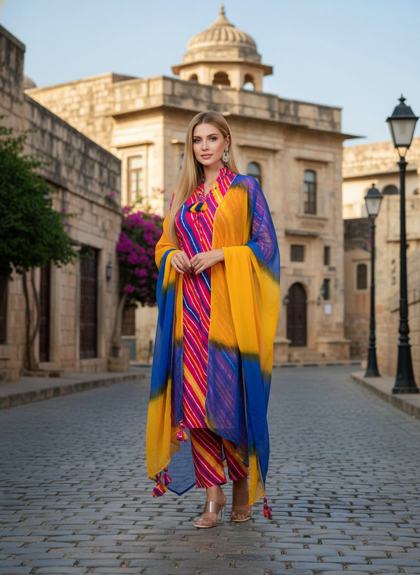 Radiant Multicolor Striped Kurta Set with Blue-Yellow Ombre Dupatta