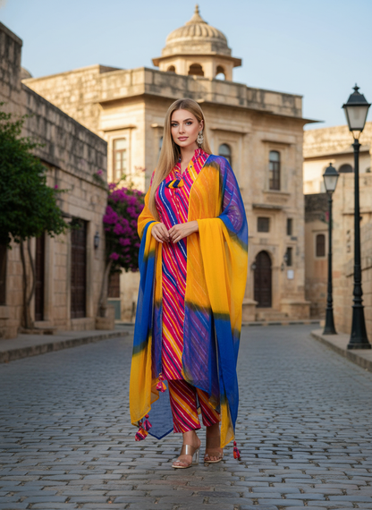 Radiant Multicolor Striped Kurta Set with Blue-Yellow Ombre Dupatta