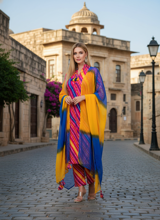 Radiant Multicolor Striped Kurta Set with Blue-Yellow Ombre Dupatta