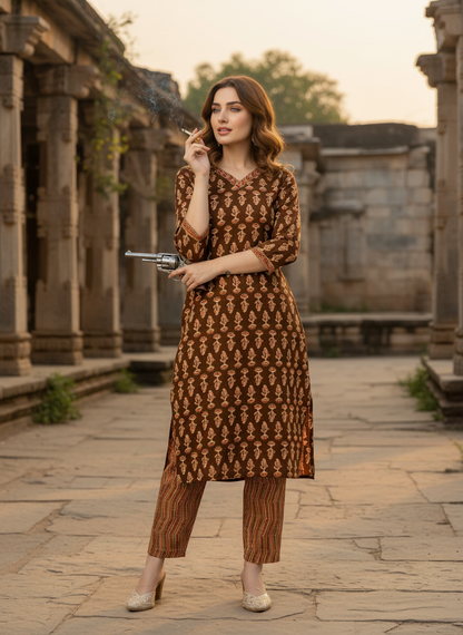 Women Brown Pure Cotton Printed Kurta with Trousers