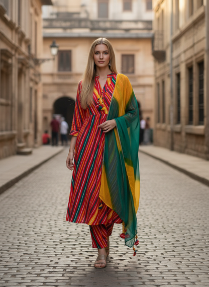 Vibrant Bandhani-Inspired Striped Kurta Set with Dual-Tone Dupatta