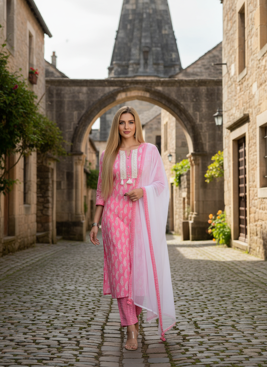 Pink Paisley Printed Kurta Set with White Dupatta