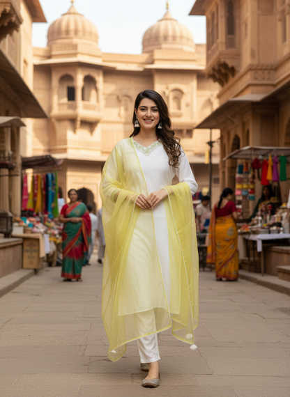 Women White & Green Muslin Embroidered Kurta with Trousers & Dupatta