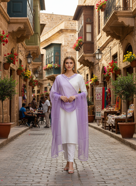 Women White & Violet Muslin Embroidered Kurta with Trousers & Dupatta