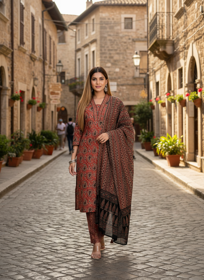 Rust Red Paisley Printed Kurta Set with Dupatta