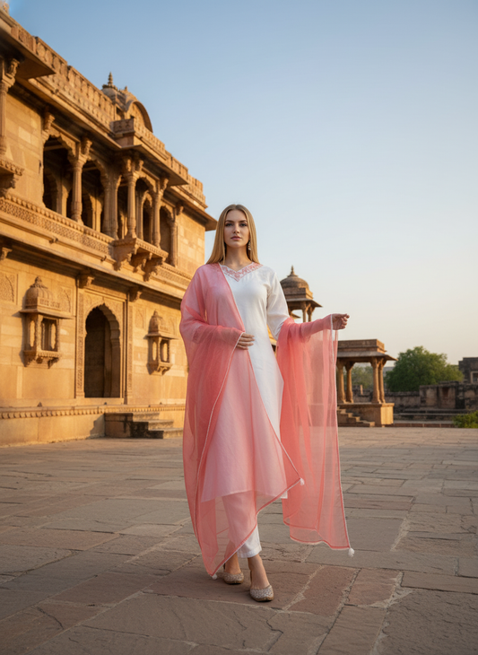 Women White & Peach Muslin Embroidered Kurta with Trousers & Dupatta