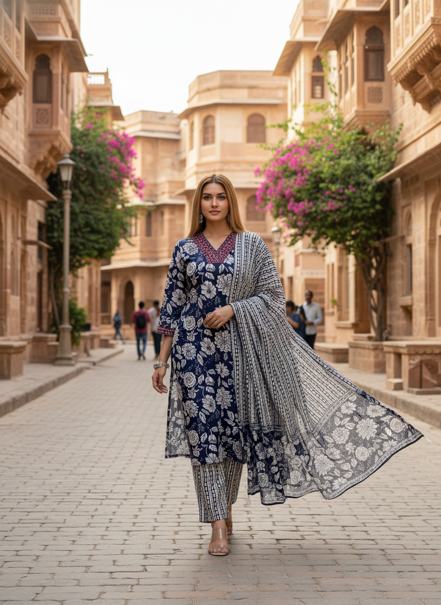 Elegant Navy Blue Floral Printed Kurta Set with Dupatta