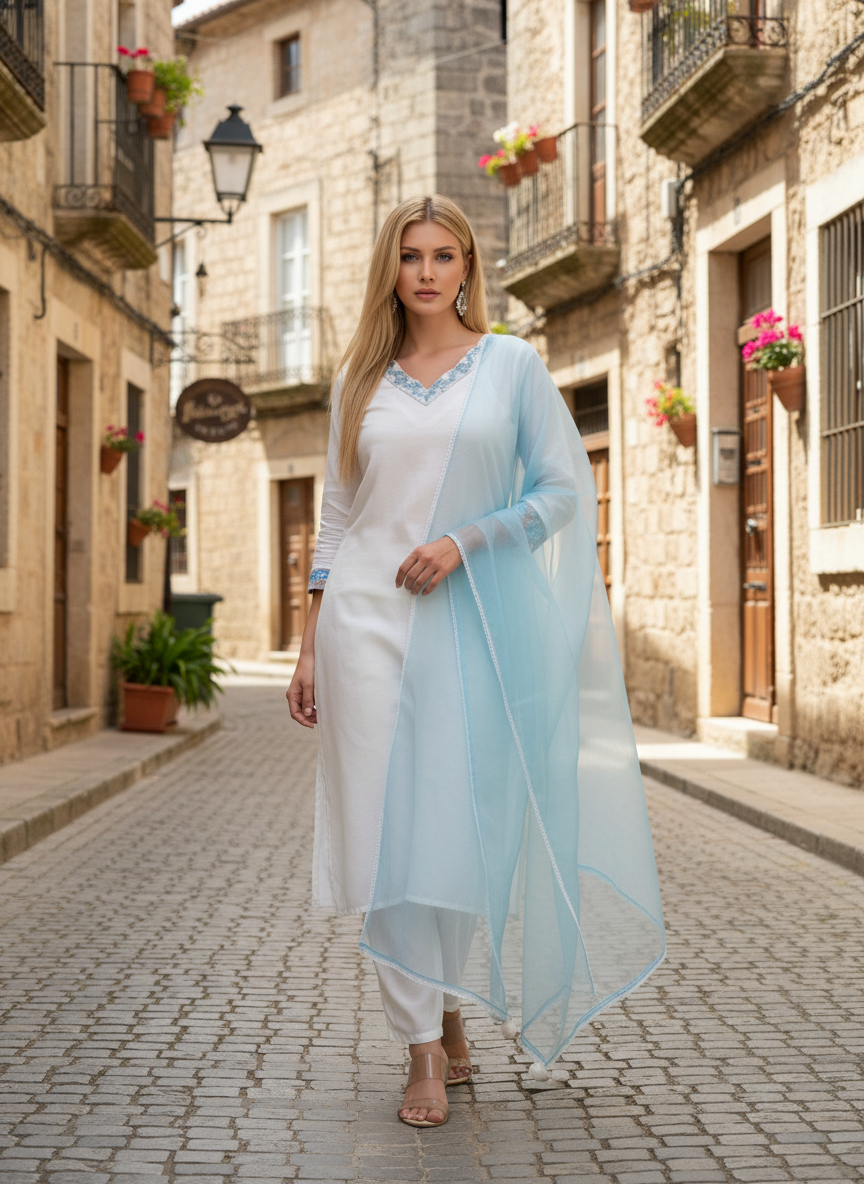 Graceful White Kurta Set with Light Blue Dupatta