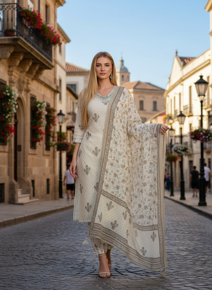 Elegant Off-White Floral Printed Kurta Set with Dupatta