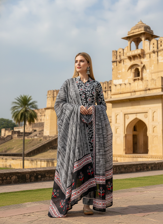 Black Floral Printed Pure Cotton Kurta with Trousers & Mulmul Dupatta