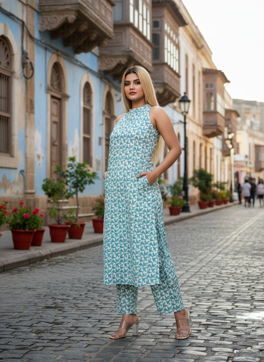 Trendy Sleeveless Aqua Blue Printed Kurta Set
