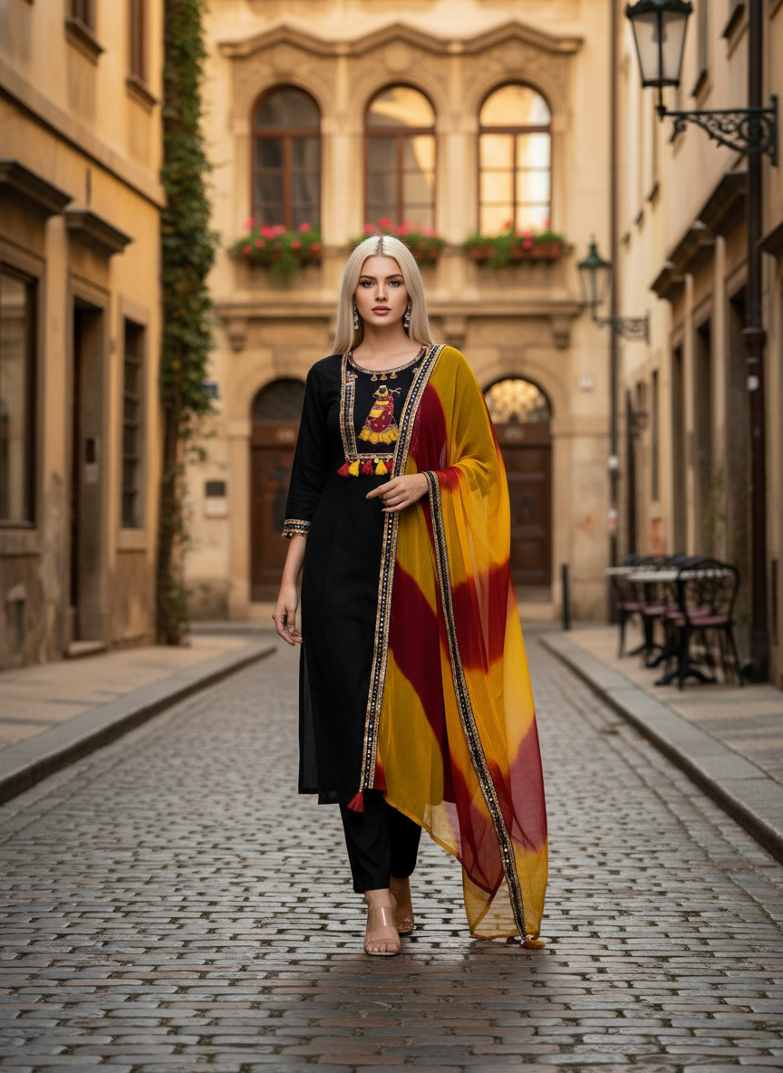Black Embroidered Kurta Set with Yellow & Maroon Ombre Dupatta