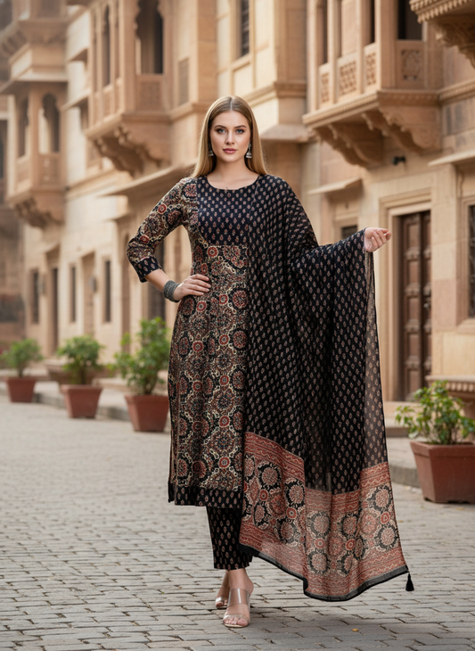 Elegant Black & Beige Floral Printed Kurta Set with Dupatta