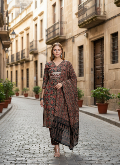 Woman in a patterned dress walking down a cobbled street in an urban setting