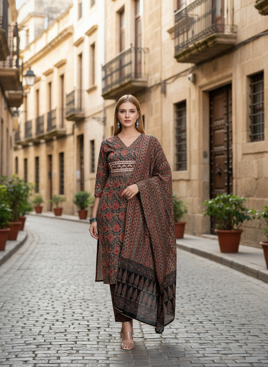 Woman in a patterned dress walking down a cobbled street in an urban setting